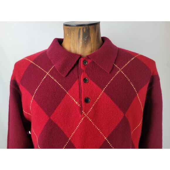 Brooks Brothers Men's 100% Lambswool Collared Argyle Sweater Size M Red Burgundy - Picture 2 of 10